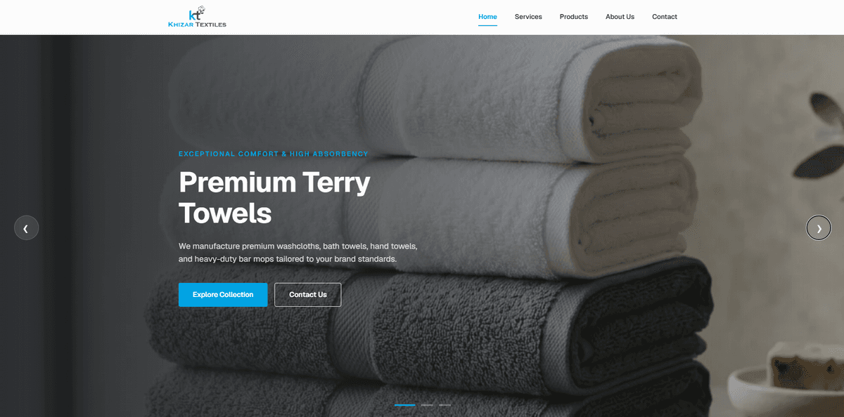 Industrial textile website built with Next.js showing the interactive product catalog page with category filters