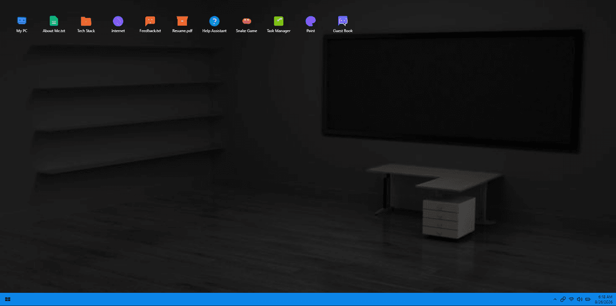 Retro Windows desktop portfolio interface showing draggable window frames, taskbar process items, and a settings app.